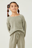 GDN4152 Olive Girls Brushed Stripe Puff Sleeve Knit Top Front