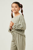 GDN4152 Olive Girls Brushed Stripe Puff Sleeve Knit Top Side