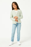 GDY5139 SAGE Girls Heathered Ribbed Knit Pocket Cardigan Full Body