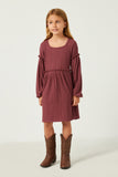 GDY5352 BRICK Girls Ruffle Seam Detail Textured Knit Ribbed Dress Full Body