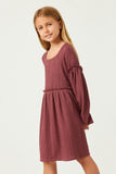 GDY5352 BRICK Girls Ruffle Seam Detail Textured Knit Ribbed Dress Side