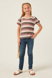 GDY5745 Pink Mix Girls Stripe Terry Puff Sleeve Tee Full Body