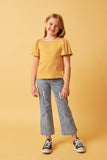 GDY5871 MUSTARD Girls Striped Puff Sleeve Knit T Shirt Full Body