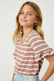 GJ1072 MAUVE Girls Stripe V-Neck Ruffle Tee Side