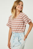 GJ1072 MAUVE Girls Stripe V-Neck Ruffle Tee Front