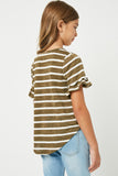 GJ1072 OLIVE Girls Stripe V-Neck Ruffle Tee Back