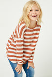 GJ3036 Rust Girls Drop Shoulder Stripe Knit Top Pose