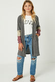 Gj3043 Charcoal Girls Color Block Sleeve Ribbed Knit Long Cardigan Full Body