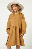 GJ3069 Mustard Girls Ribbed Knit Raglan Mini Dress Front