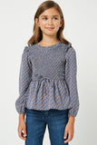 GJ3096 Blue Girls Smocked Ruffled Long Sleeve Blouse Front