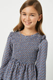 GJ3096 Blue Girls Smocked Ruffled Long Sleeve Blouse Detail