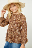 GJ3142 Brown Girls Ditsy Print Long Sleeve Babydoll Top Front