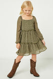 GJ3146 Olive Girls Tiered Ditsy Print Long Sleeve Dress Full Body