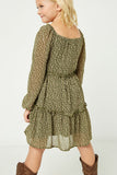 GJ3146 Olive Girls Tiered Ditsy Print Long Sleeve Dress Back