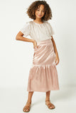 GJ3148 Blush Girls Satin Tiered Midi Skirt Full Body