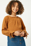 GJ3149 Mustard Girls Ribbed Off Shoulder Tie Sleeve Detail Top- Front Detail