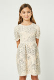 GJ3154 Cream Girls Textured Lurex Leopard Ruffled Dress Front