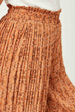 GJ3187 Rust Girls Pleated Botalical Print Wide Leg Pants Detail