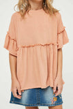 GJ3197 Salmon Girls Ruffle Detail Peplum Knit Top Detail