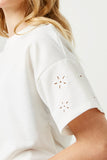 GJ3224 OFF WHITE Girls Eyelet Cut Sleeve Detail Top Detail