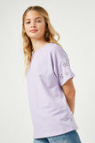 GJ3224 VIOLET Girls Eyelet Cut Sleeve Detail Top Side