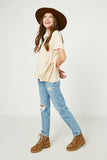 GJ3252 TAN Girls Side Ribbon Tie T Shirt Full Body