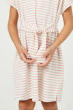 GJ3292 Off White Girls Striped Tie Waist T Shirt Dress Detail