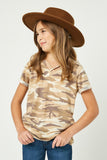 GJ3294 Taupe Girls Camo V Neck Criss Cross T Shirt Front