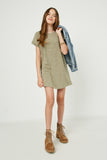 GJ3311 Olive Girls Roll Sleeve Pocketed Slub Knit Mini Dress Full Body