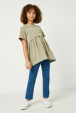 GJ3320 Olive Girls Short Sleeve Raw Edge Knit Peplum Top Full Body