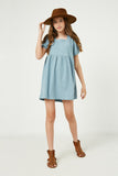 GJ3324 Light Blue Girls Textured Rib Square Neck Knit Tunic Dress Full Body