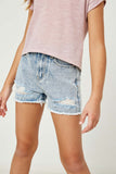 GJ3330 LIGHT_DENIM Girls Frayed Distressed Denim Shorts Front