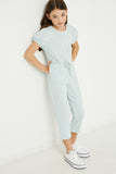 GJ3344 Blue Girls Puff Sleeve Ribbed Jumpsuit Full Body