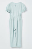 GJ3344 Blue Girls Puff Sleeve Ribbed Jumpsuit Flat Back