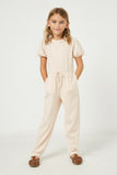 GJ3344 Blush Girls Puff Sleeve Ribbed Jumpsuit Full Body