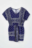 GJ3373 Navy Girls Bandana Print Pocket Knit Romper Flat Front