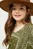 GJ3373 Olive Girls Bandana Print Pocket Knit Romper Detail