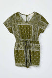 GJ3373 Olive Girls Bandana Print Pocket Knit Romper Flat Front