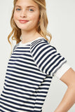 GJ3414 NAVY Girls Banded Knit Stripe Raglan Tee Side