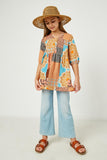 GJ3453 Orange Girls Buttoned Patch Print Tunic Dress Front