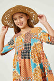 GJ3453 Orange Girls Buttoned Patch Print Tunic Dress Close Up