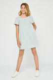 GJ3465 LIGHT BLUE Girls Textured Ribbed Stripe Off Shoulder Knit Dress Full Body