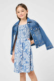 GJ3499 BLUE Girls Knit Paisley Print Smocked Midi Dress Side