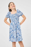 GJ3499 BLUE Girls Knit Paisley Print Smocked Midi Dress Front