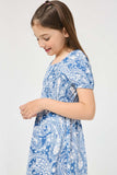 GJ3499 BLUE Girls Knit Paisley Print Smocked Midi Dress Detail