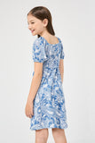 GJ3499 BLUE Girls Knit Paisley Print Smocked Midi Dress Back