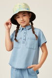 GK1010 LIGHT DENIM Girls Washed Tencel Pocketed Collared Shirt Front