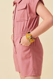 GK1013 Pink Girls Elastic Detail Button Up Collared Romper Detail