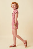 GK1013 Pink Girls Elastic Detail Button Up Collared Romper Side