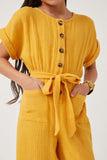 GK1020 MUSTARD Girls Textured Button Up Belted Jumpsuit Detail